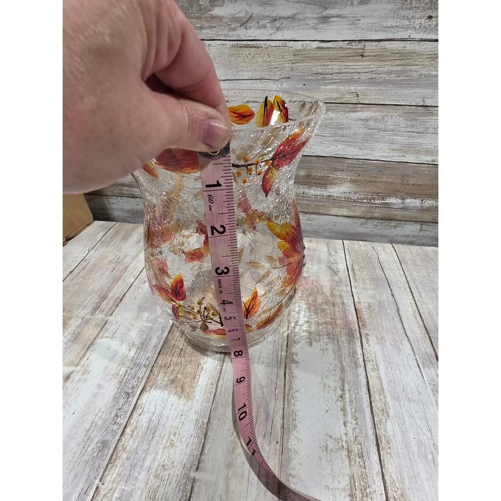 Yankee Candle Leaves Crackle Pillar‎ Holder Fall Mosaic Glass Vase 1288271 8in
